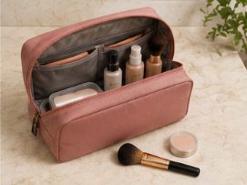 Neceser de maquillaje abierto con productos cosméticos y una brocha fuera.