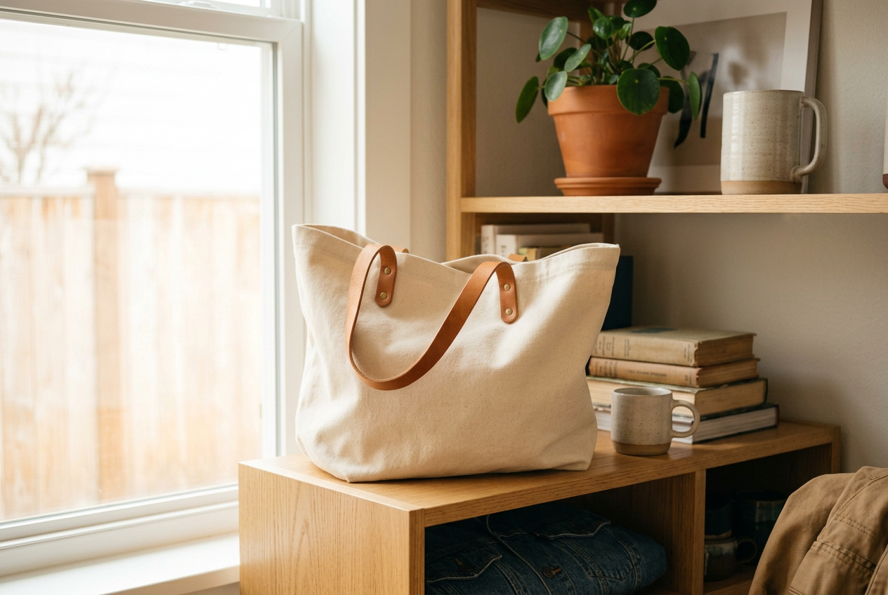 Una bolsa de tela crema con asas de cuero en una mesa de madera junto a una taza y libros, frente a una ventana con vista a un patio y una estantería con una planta y objetos decorativos.
