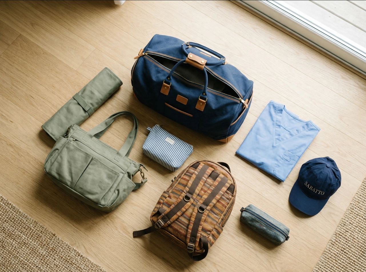 Conjunto de equipaje y ropa para viaje, que incluye una maleta grande azul con mangos de cuero, una bolsa de mano gris, una mochila de rayas, una gorra azul con la palabra "SABATTO", ropa de scrubs azul, una funda de tela, un pequeño neceser, y un bolso de mano con rodilleras, dispuestos en un suelo de madera cerca de una ventana.