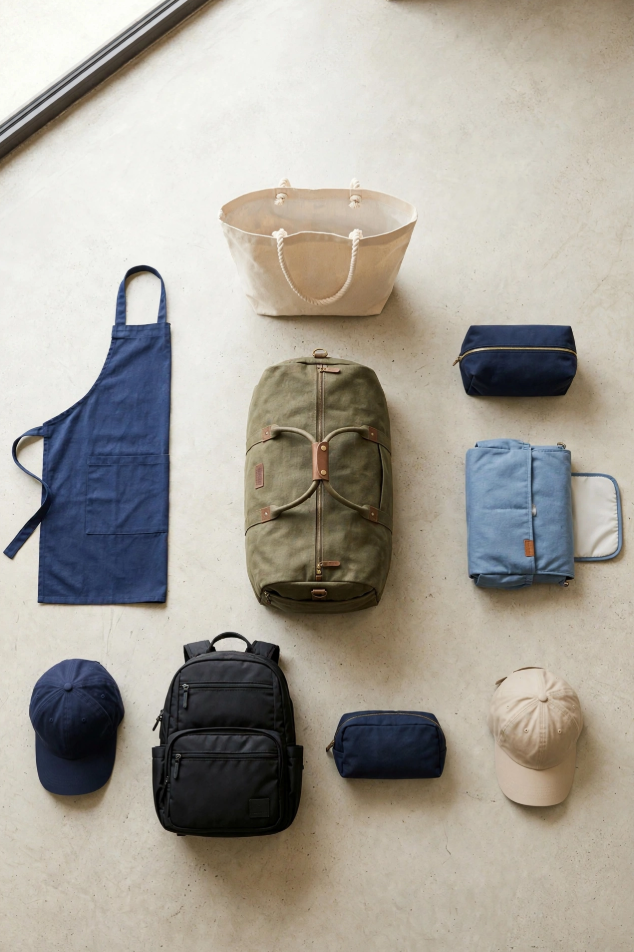 Tres sombreros (uno marino, uno beige y uno negro), dos bolsos (uno azul oscuro y uno azul claro), una mochila negra, un pequeño bolso azul, una bolsa de lona beige, una bolsa azul con blanco, un delantal navy, una bolsa de mano beige y una bolsa grande verde con detalles de cuero. Todo dispuesto sobre una superficie clara cerca de una ventana.