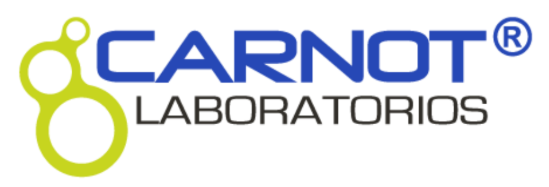 Logotipo de Carnot Laboratorios con un diseño de molécula químico en verde y texto en azul y negro.