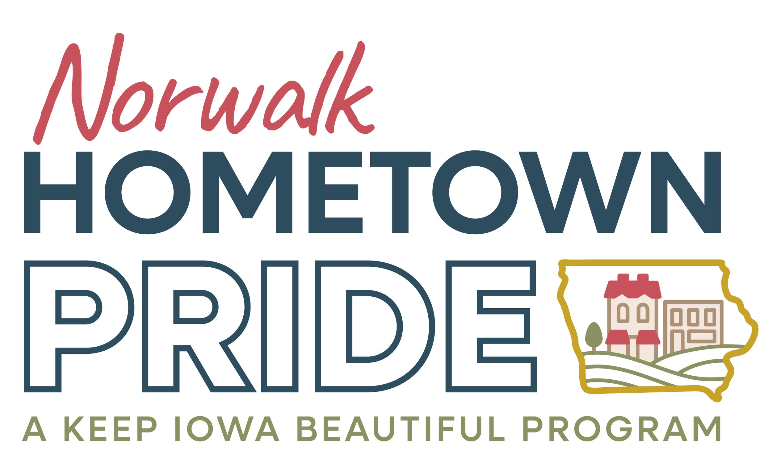 Text logo reading 'Norwalk Hometown Pride' with a small illustration of houses and the outline of Iowa state and the statement 'A Keep Iowa Beautiful Program'.
