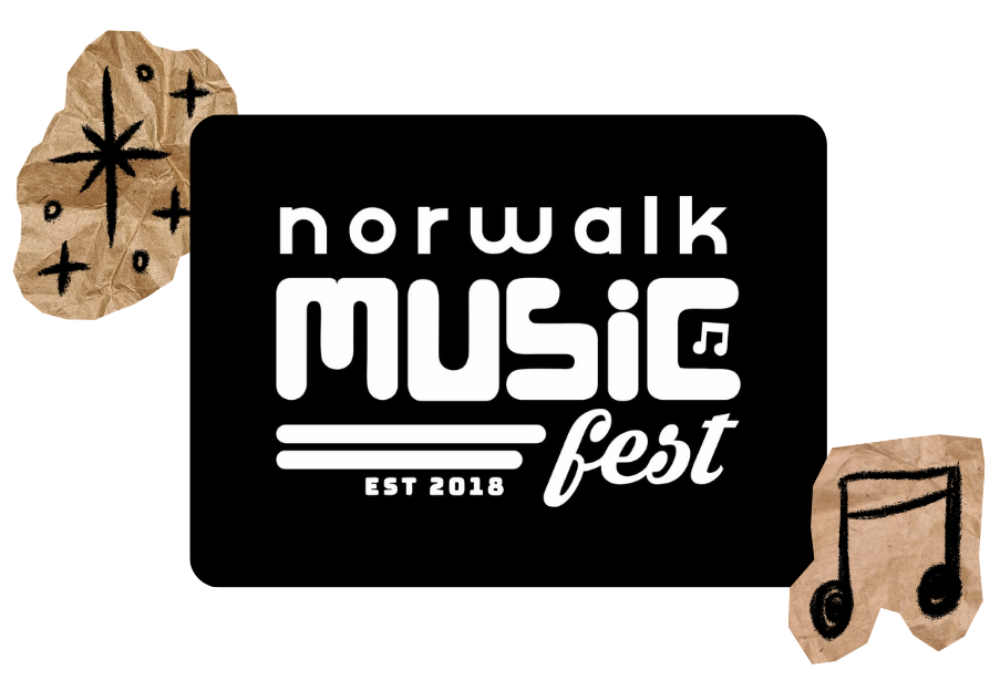 Black event poster for Norwalk Music Fest with white text and brown crumpled paper accents featuring musical symbols.