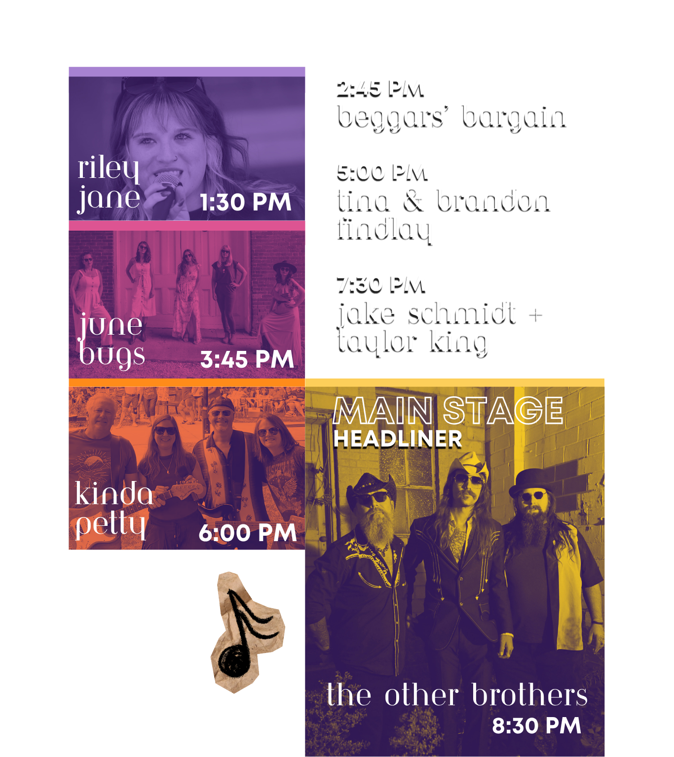 Schedule poster with photos of four bands and their performance times: Riley Jane at 1:30 PM, June Bugs at 3:45 PM, Kinda Petty at 6:00 PM, and The Other Brothers at 8:30 PM. Main stage headliner text is prominent at the bottom.