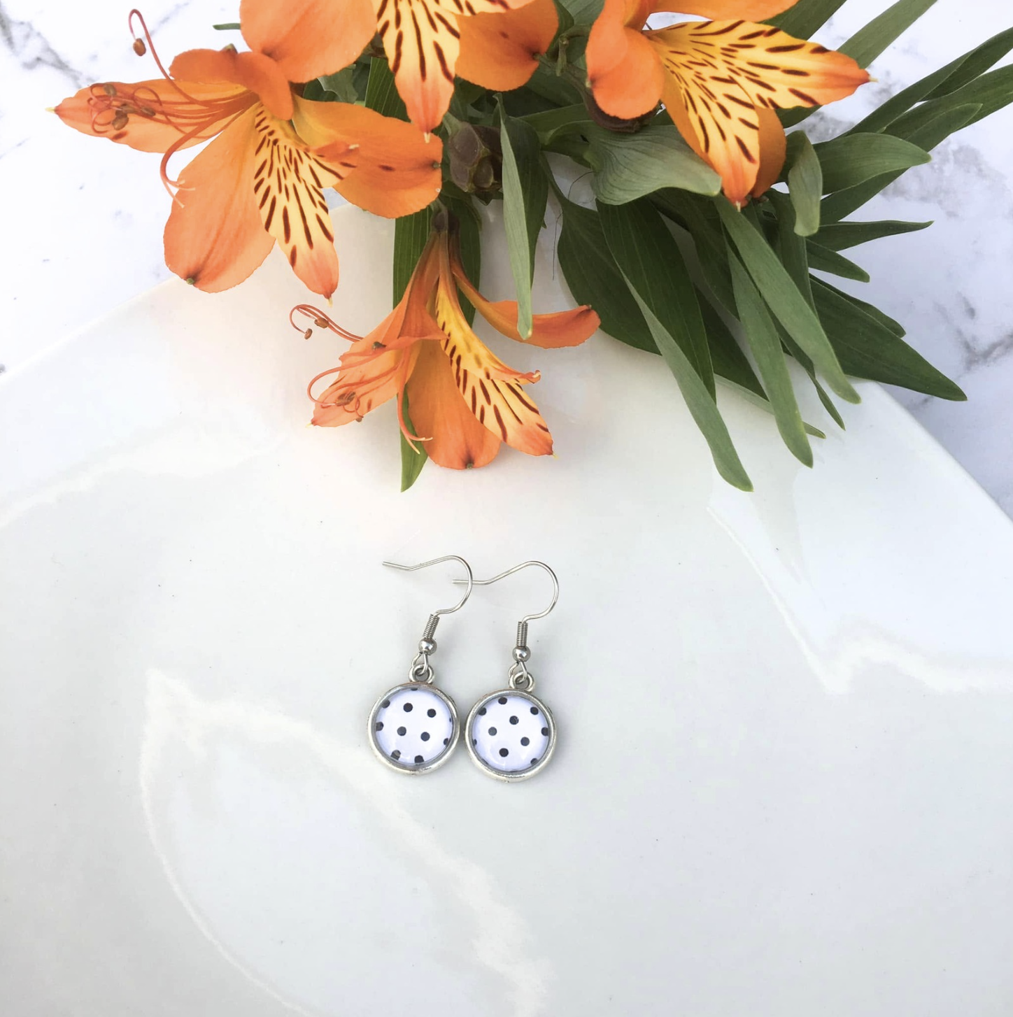 Black and White Poker Dot Dangle Earrings