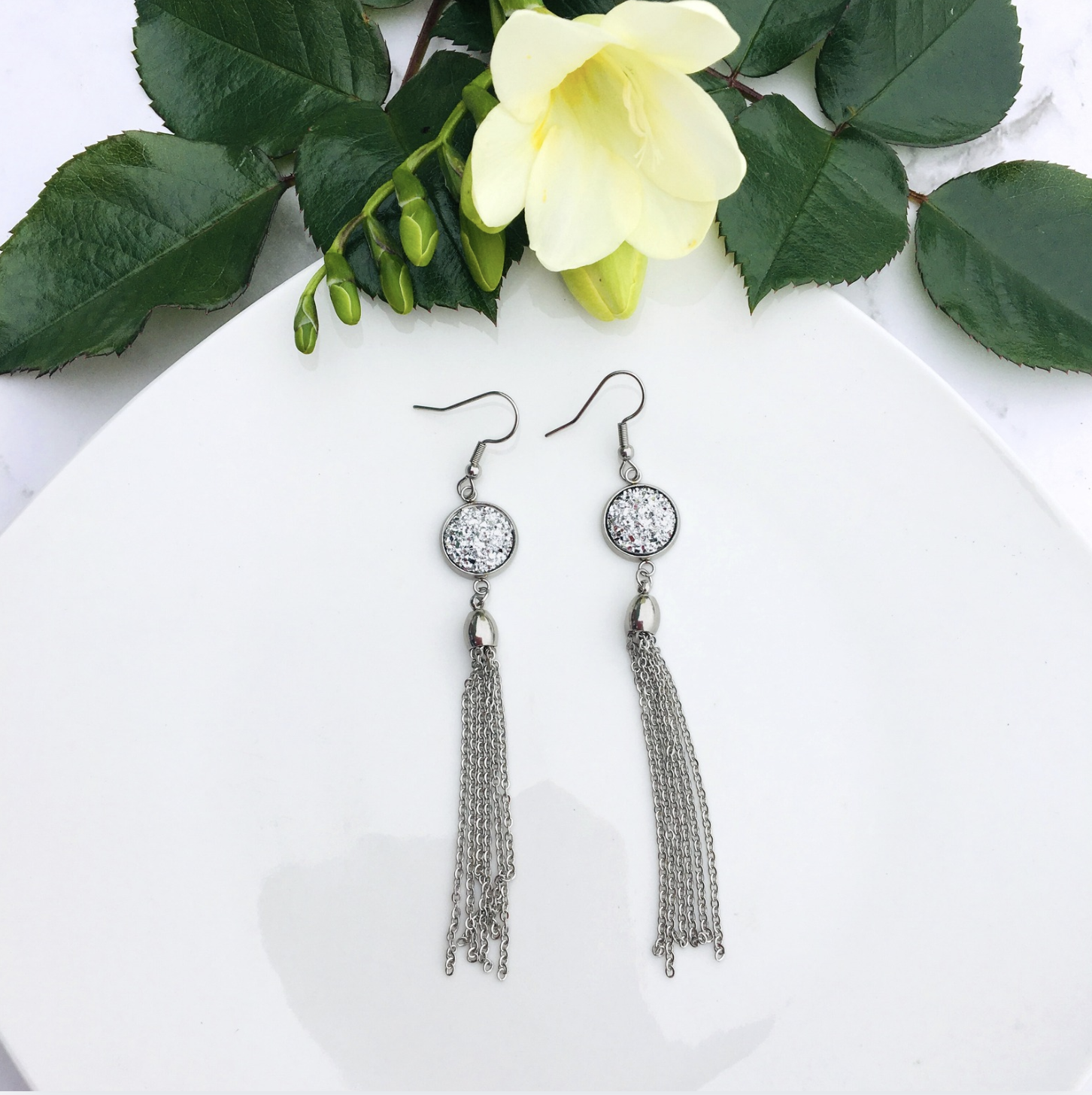 Silver Sparkly Tassel Earrings