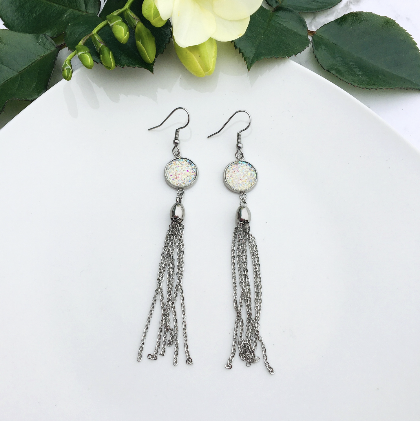 White Sparkly Tassel Earrings