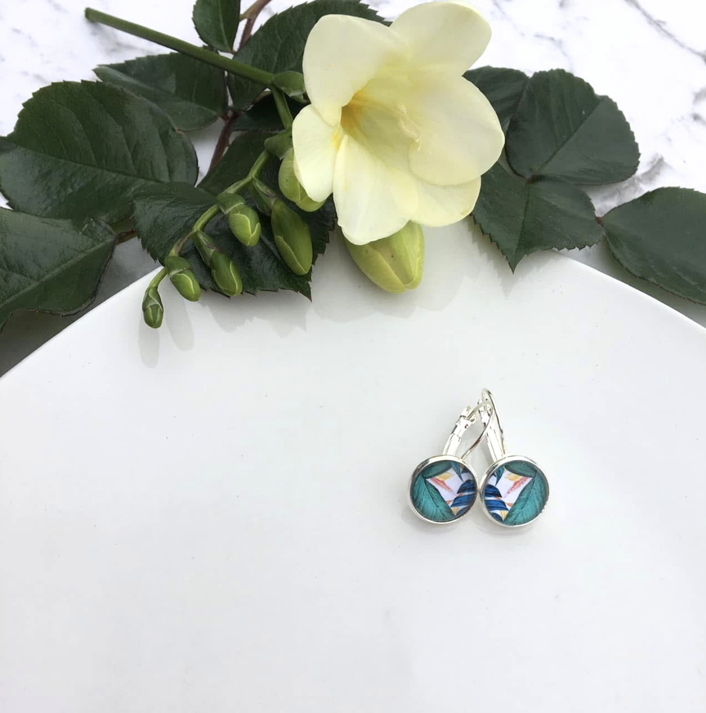 Teal & Blue Floral Leverback Earrings