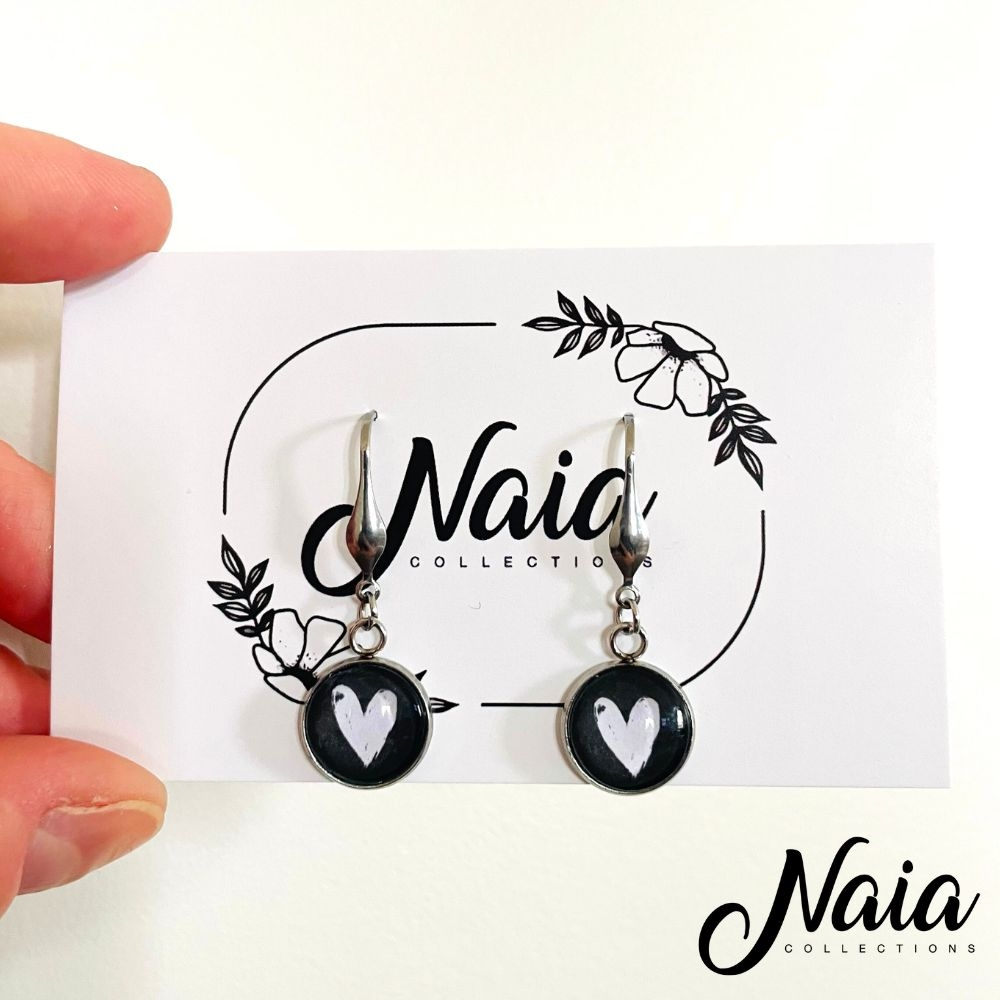 Black and White Heart Dangle Earrings
