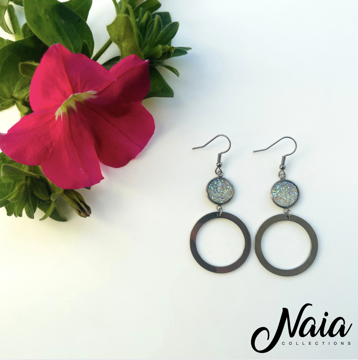 White Sparkly Hoop Dangle Earrings