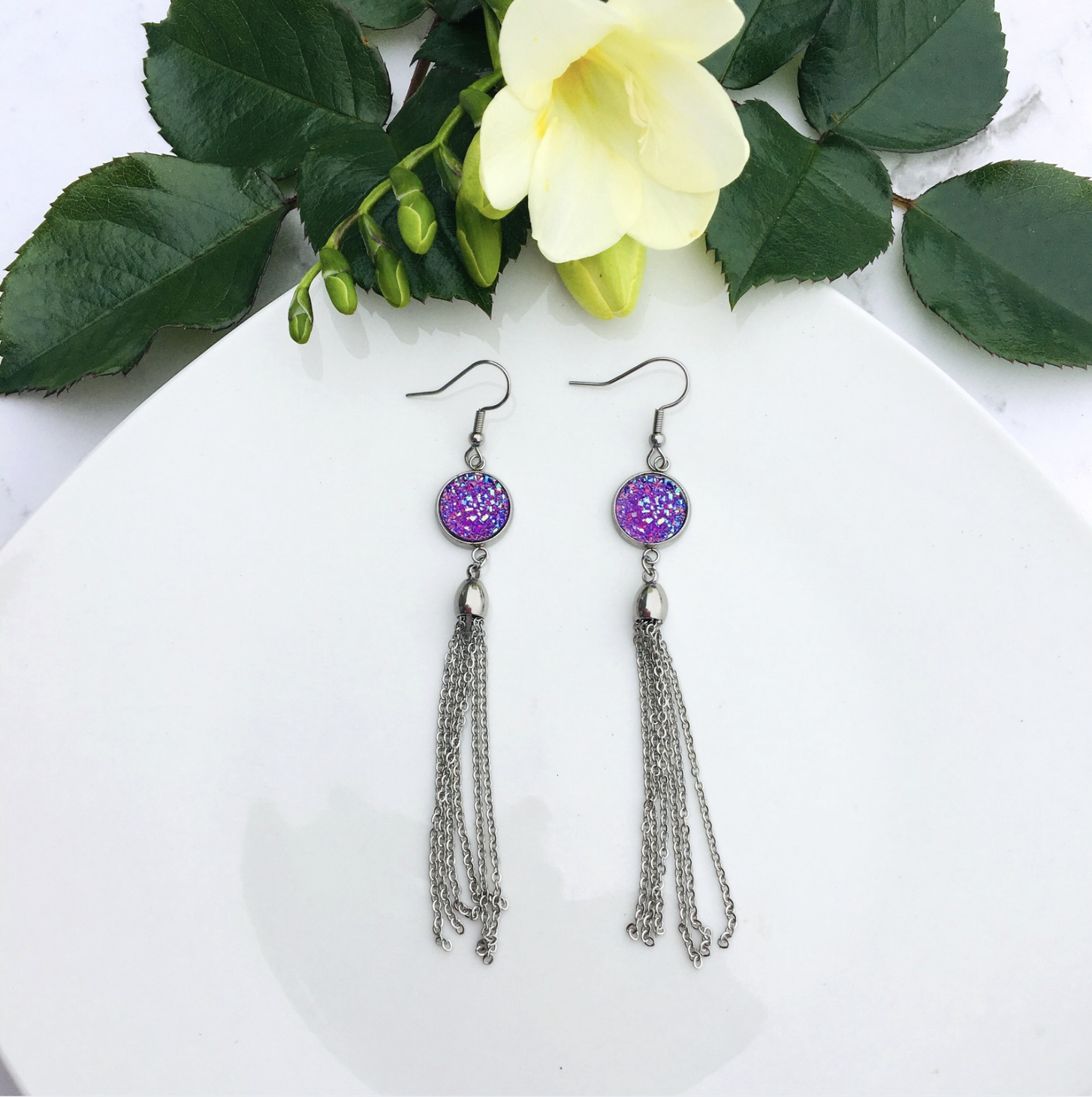 Purple Sparkly Tassel Earrings
