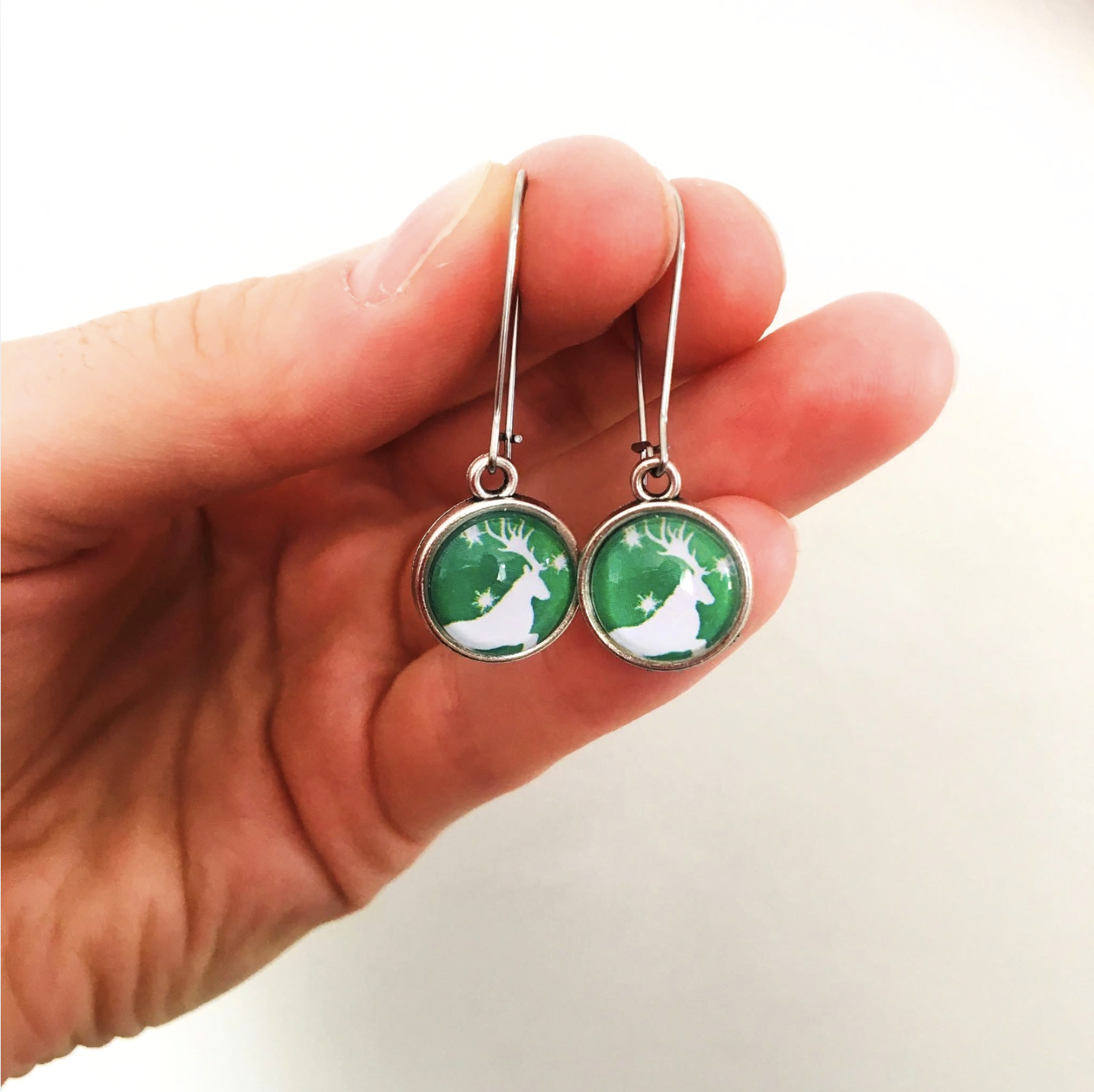Green Reindeer Dangle Earrings