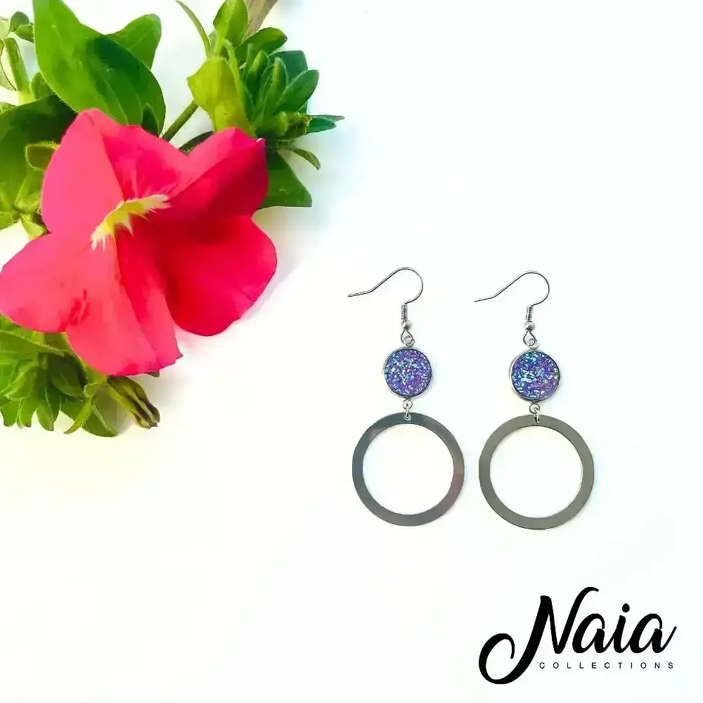Purple Sparkly Hoop Dangle Earrings