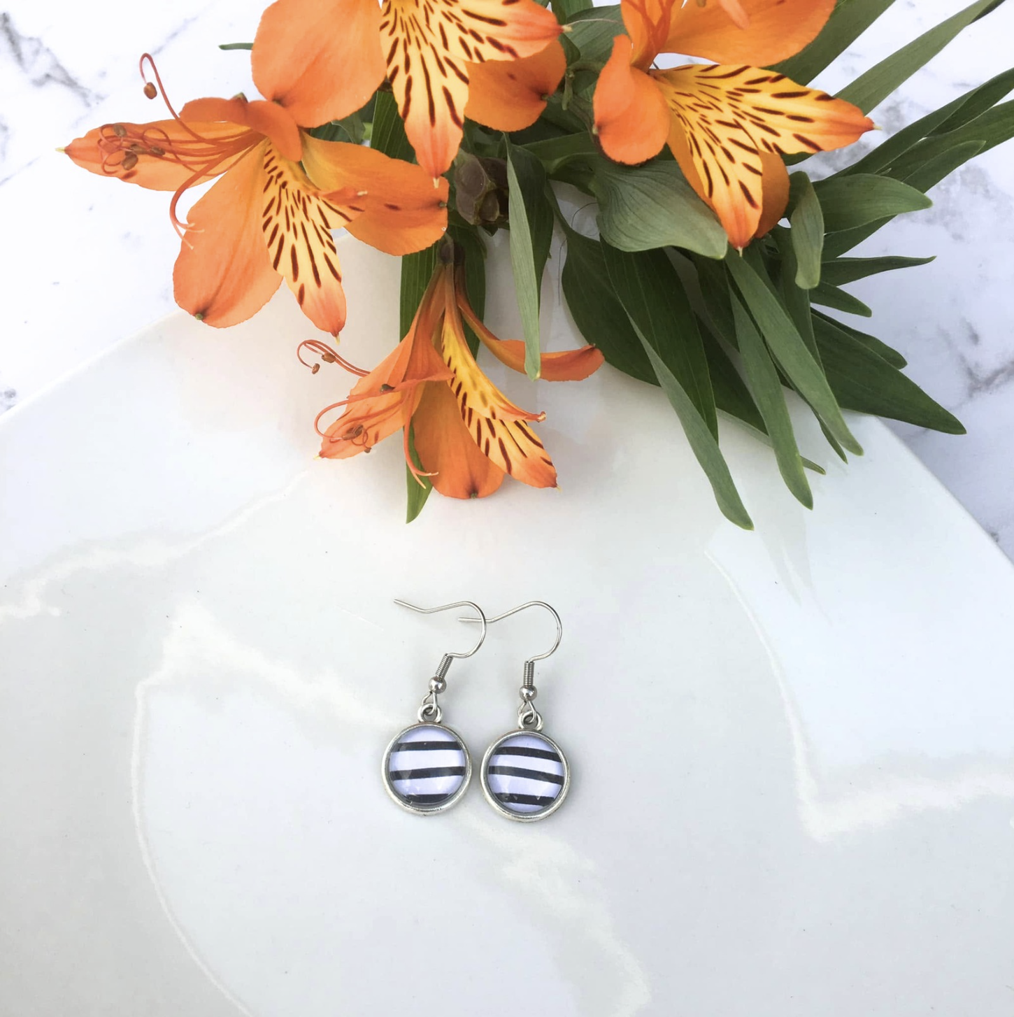 Black and White Stripe Dangle Earrings