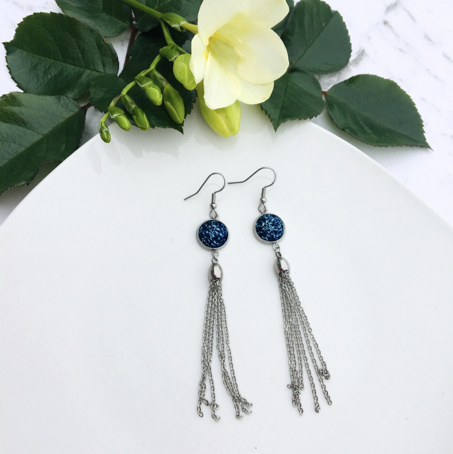 Navy Sparkly Tassel Earrings