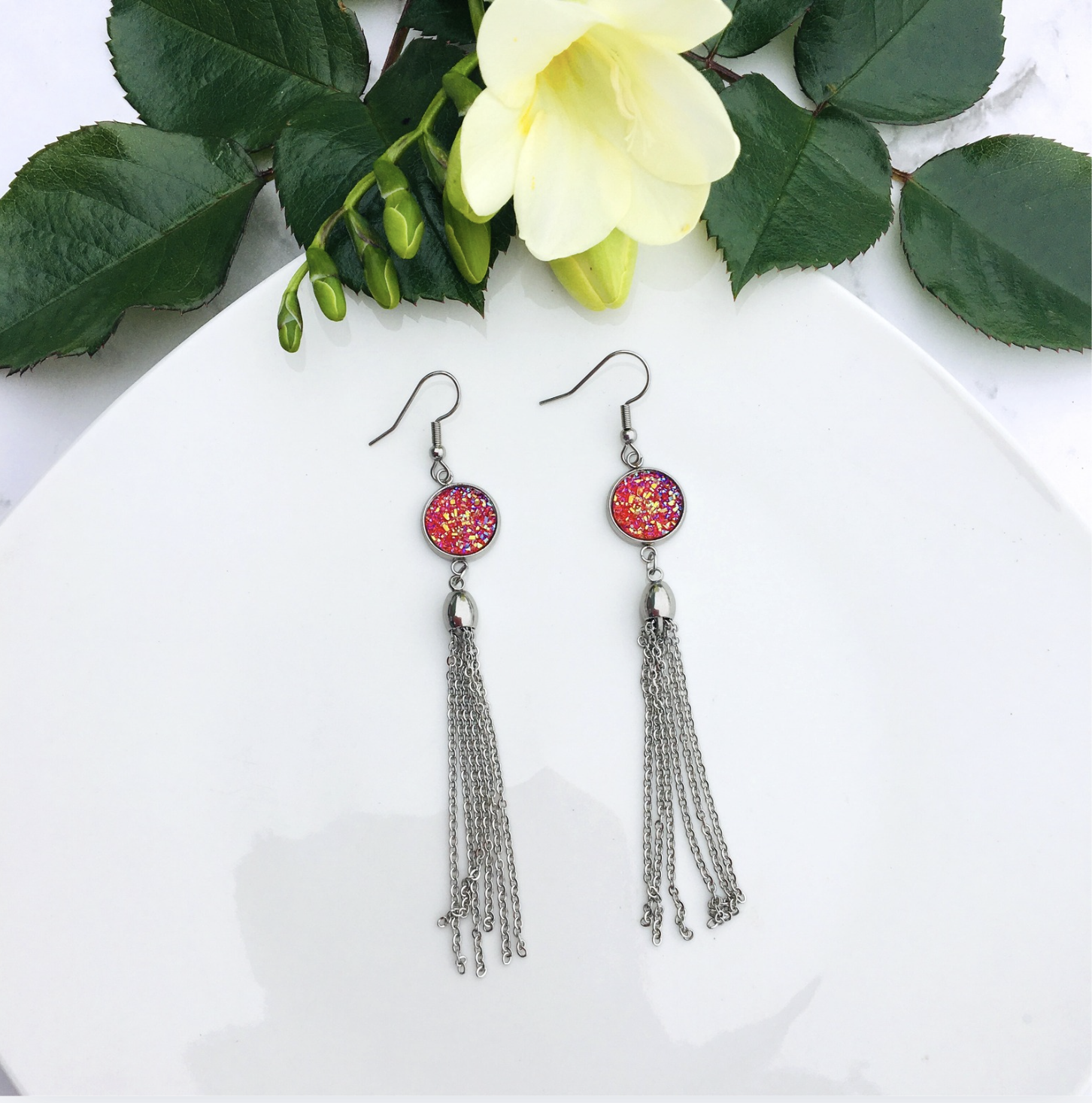 Pink Sparkly Tassel Earrings