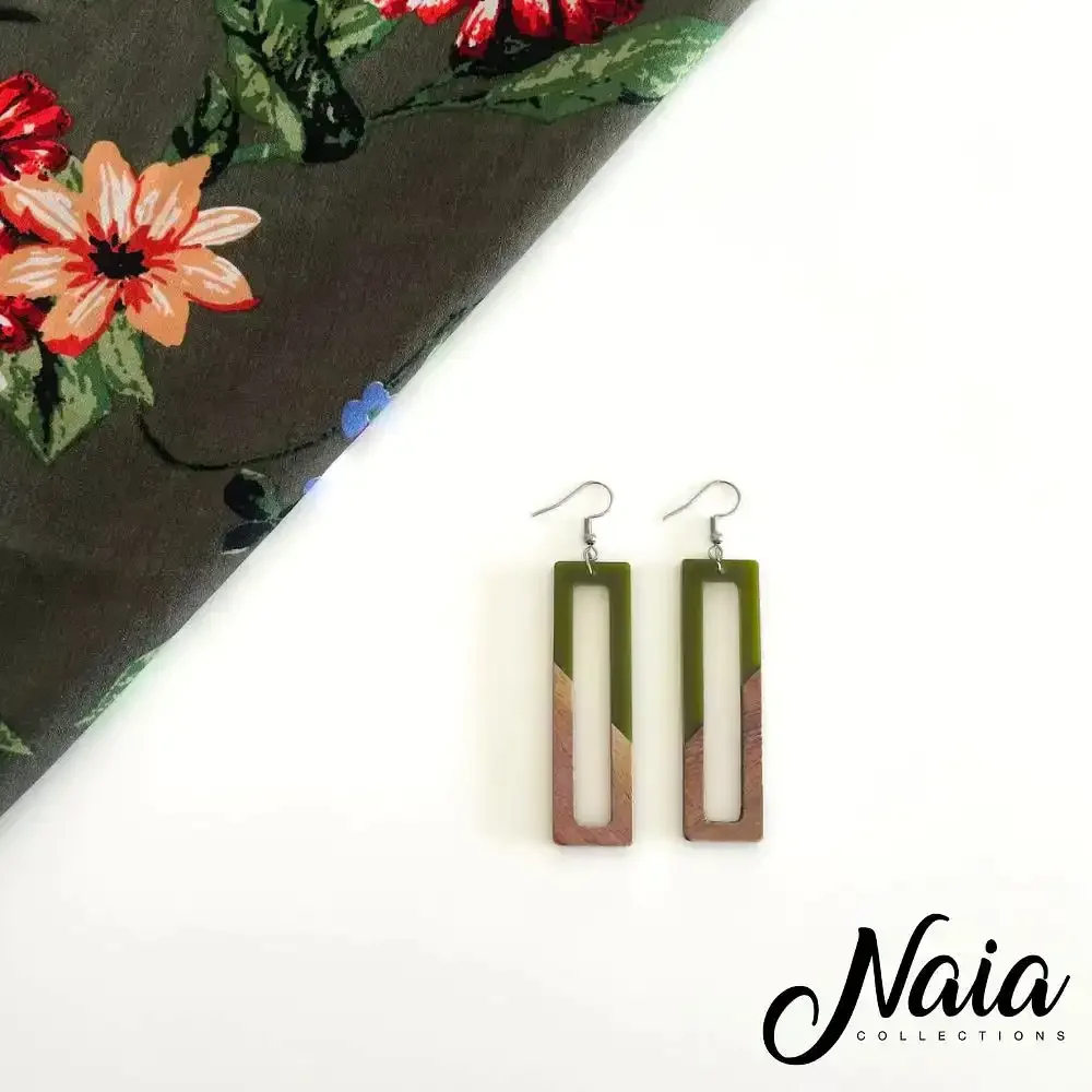 Wood and Resin dangle earrings in earthy green