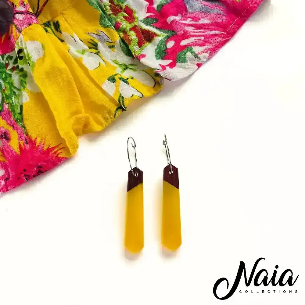 Yellow Wood and Resin Dangle Earrings