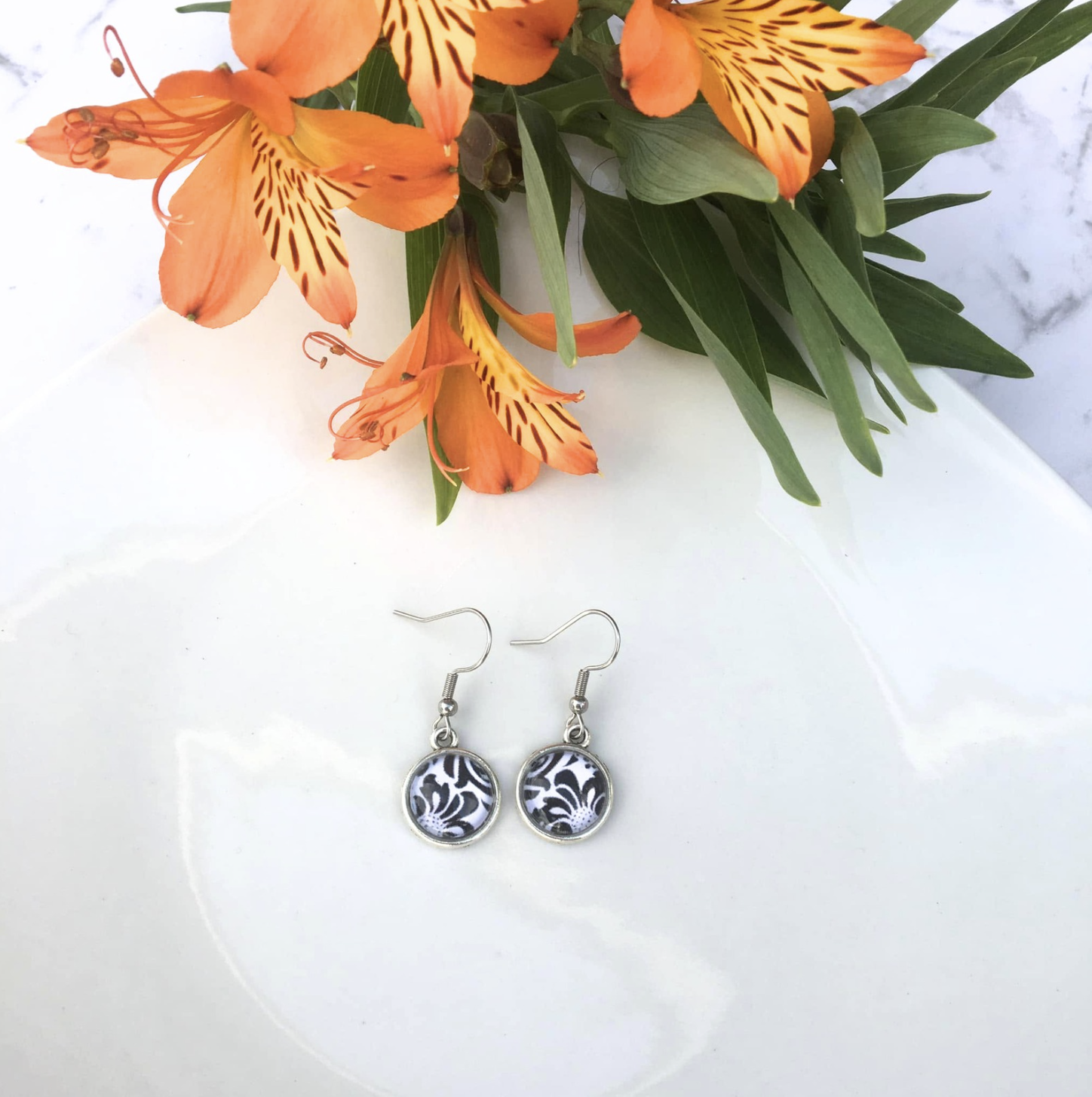 Black and White Floral Dangle Earrings