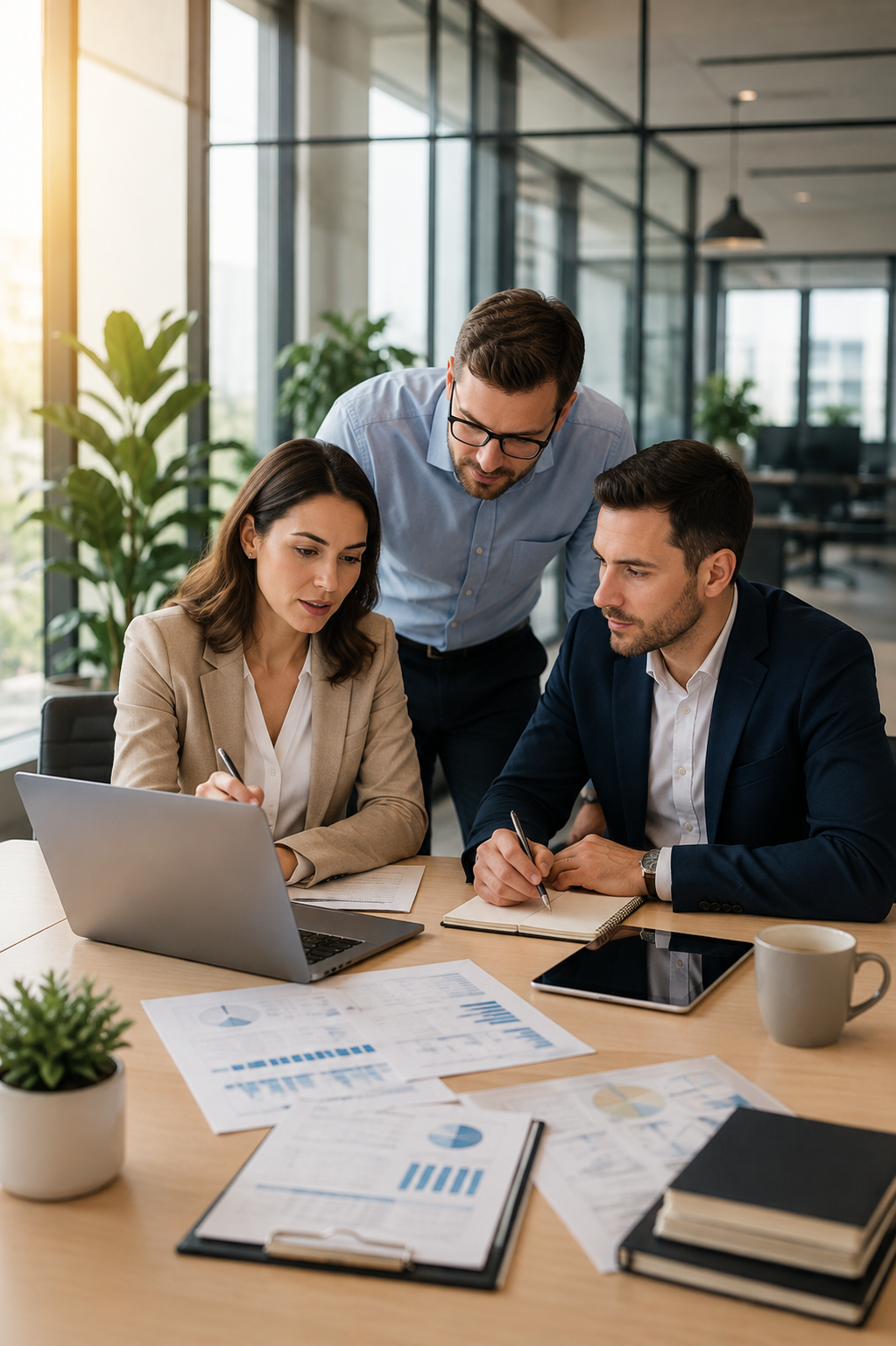 Three professionals in business attire collaborating over documents and a laptop in a modern office.