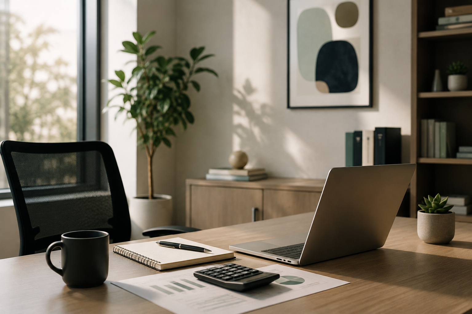 Modern home office with desk, laptop, notebook, pen, calculator, coffee mug, and potted plant, with bookshelves and artwork in the background.