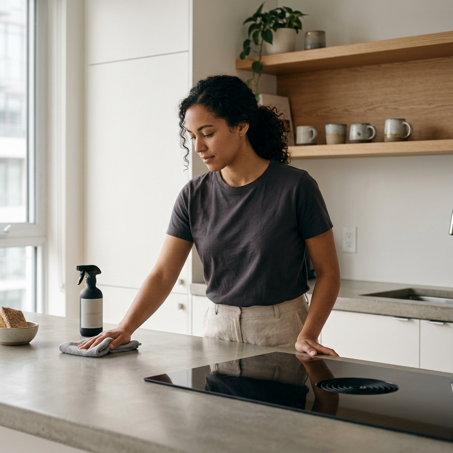 Young woman cleaning kitchen counter with a spray bottle and cloth, in a modern kitchen with natural light.