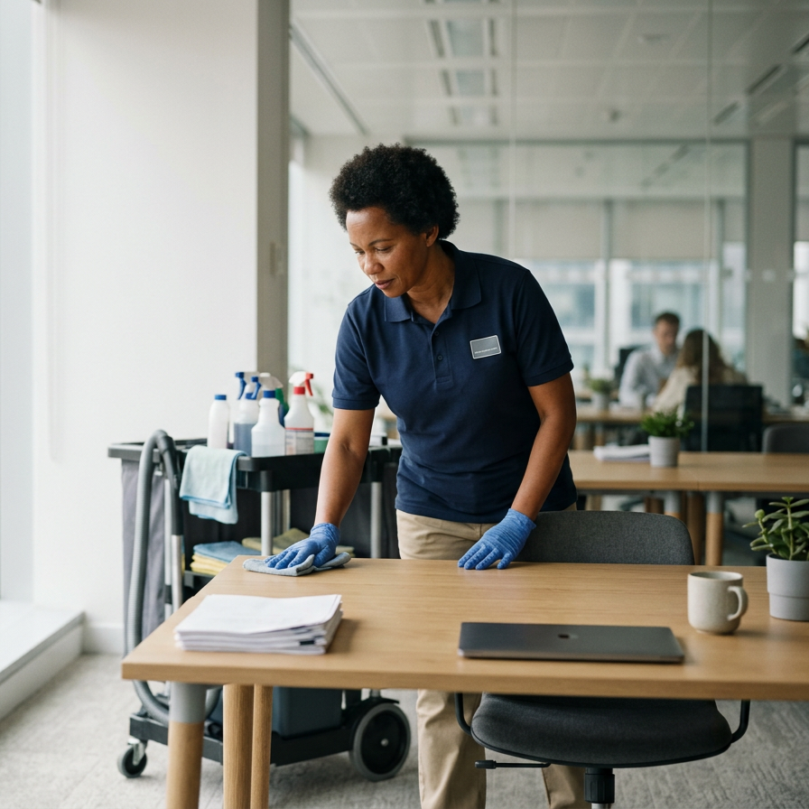 Woman in a navy blue shirt and blue gloves cleaning a wooden table with a cloth in an office setting.