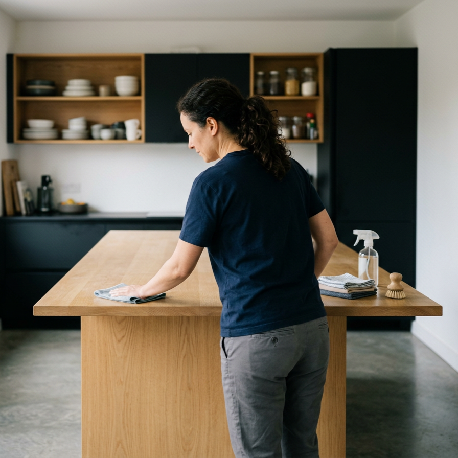 A woman is cleaning a wooden kitchen island with a cloth. The kitchen has open shelves with dishes and a spray bottle of cleaner on the counter.