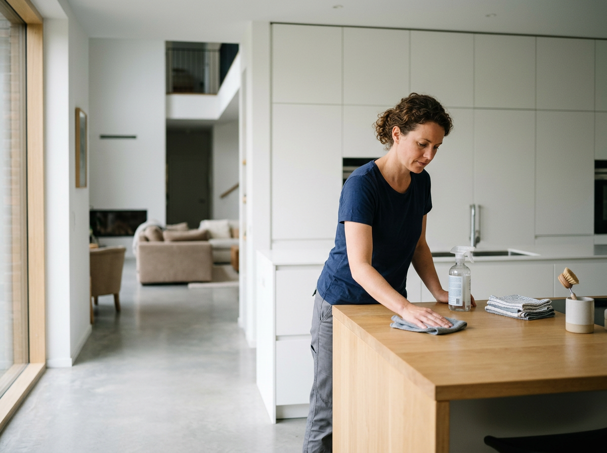 A woman in a navy blue shirt is cleaning a wooden kitchen island with a cloth, with cleaning supplies nearby, in a modern, bright home.