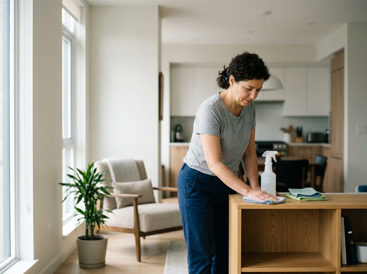 A woman cleaning a wooden table in a bright living space with a spray bottle and cleaning cloths.