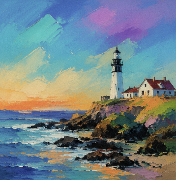 "Beacon at Daybreak" - A luminous coastal painting capturing a lighthouse at daybreak, where expressive color, ocean movement, and warm morning light create a peaceful sense of place.