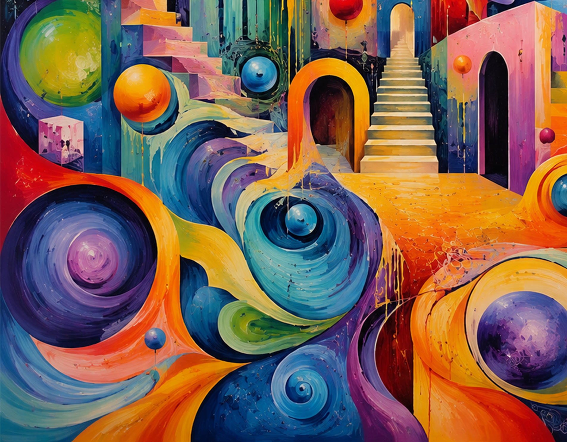 "Infinite Passage" - A bold surreal landscape of flowing forms, suspended spheres, and architectural passageways that invites viewers into an imaginative world of movement and possibility.