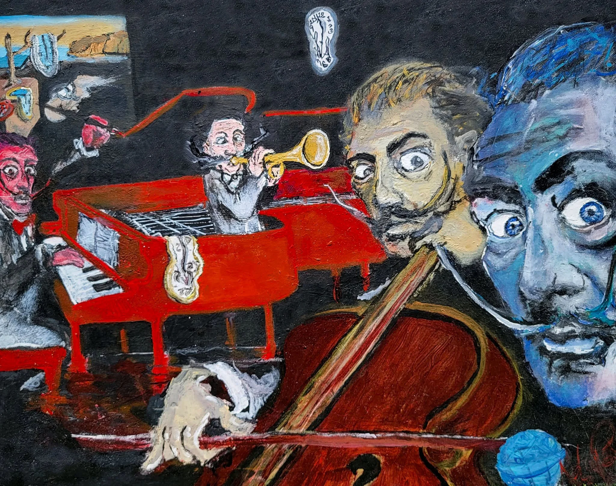 "Surreal Symphony" - A vibrant surrealist composition where expressive figures, music, and imagination collide.