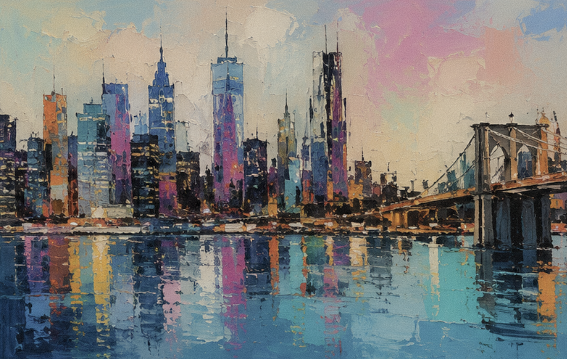 "Skyline Reflections" - A contemporary cityscape capturing a towering skyline and bridge reflected across the water, blending expressive texture, architecture, and atmospheric color.
