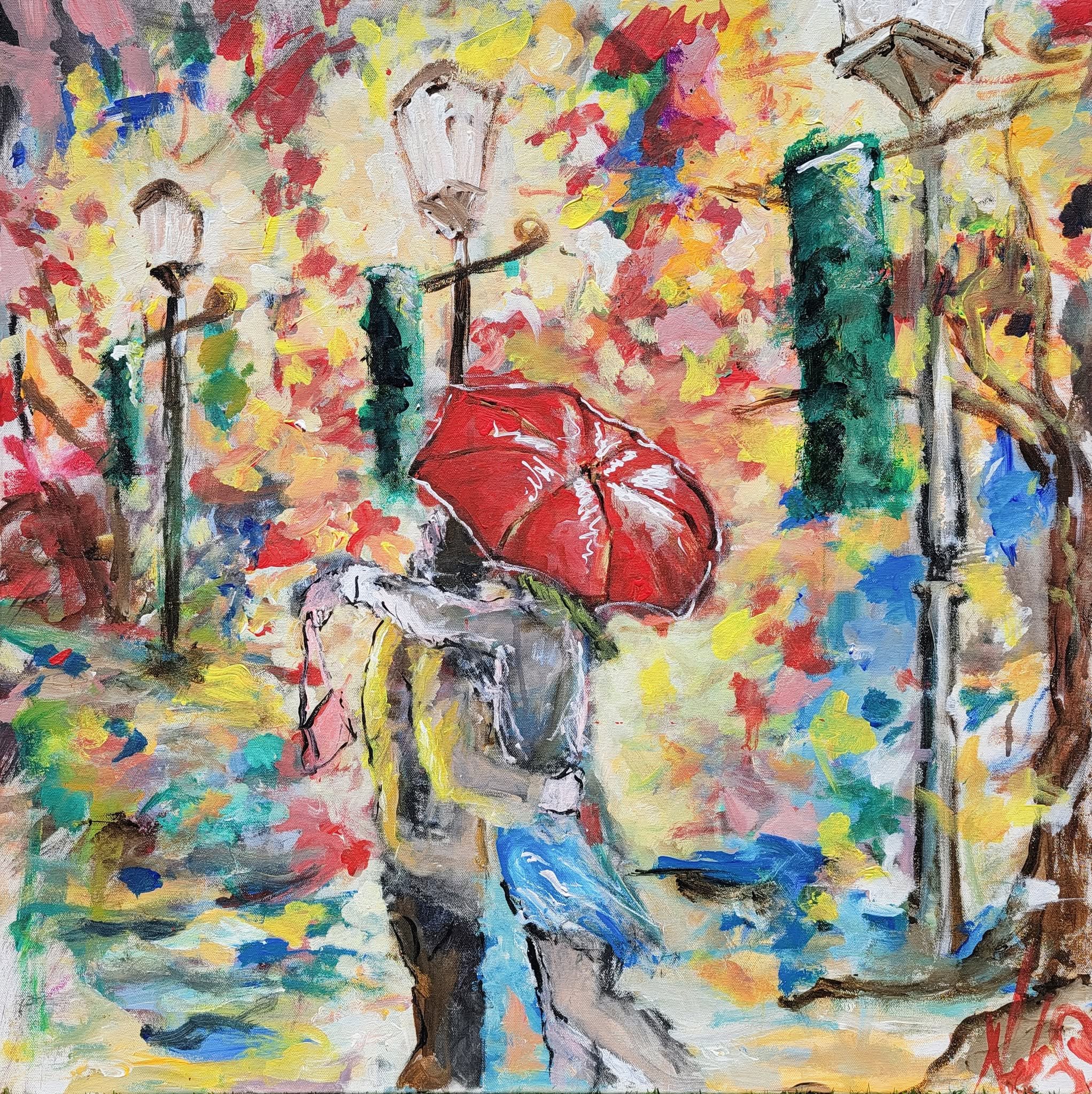 "A Kiss to Remember" - A romantic impressionistic cityscape portraying two figures beneath a vibrant red umbrella.
