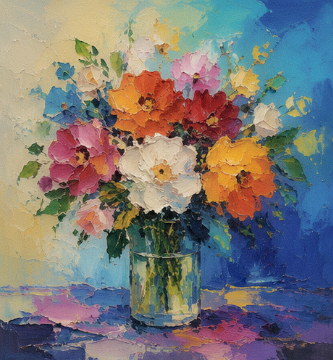 "Blooming Light" - A vibrant floral still life celebrating color and natural beauty through expressive brushwork, richly layered blooms, and a luminous contemporary palette.