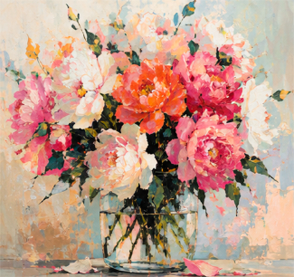 "Afternoon Peonies" - A luminous floral composition featuring expressive peonies in soft pinks, coral, and white, celebrating natural beauty, warmth, and the elegance of everyday moments.