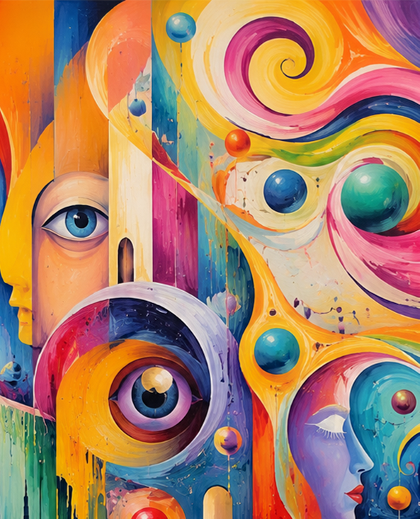 "Fragments of Perception" -  A vibrant surreal composition exploring perception, identity, and imagination through layered figures, expressive color, and dreamlike forms.