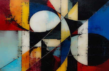 "Vivid Tension" - A bold geometric abstraction where intersecting shapes, contrasting colors, and sweeping curves create a dynamic balance between structure, movement, and visual tension.