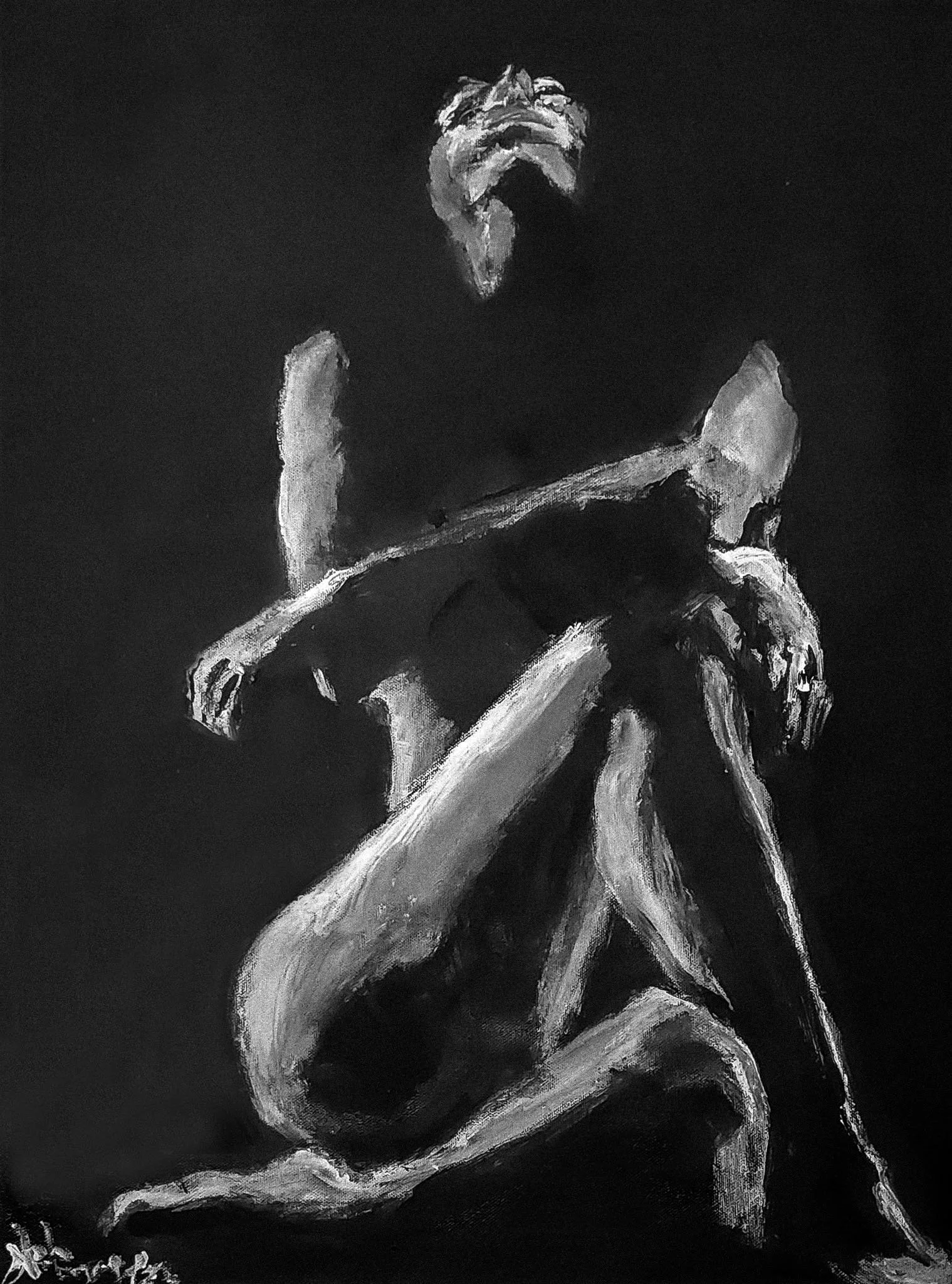 "Embrace in Shadow" - A minimalist black-and-white figurative painting exploring intimacy, vulnerability, and human connection.