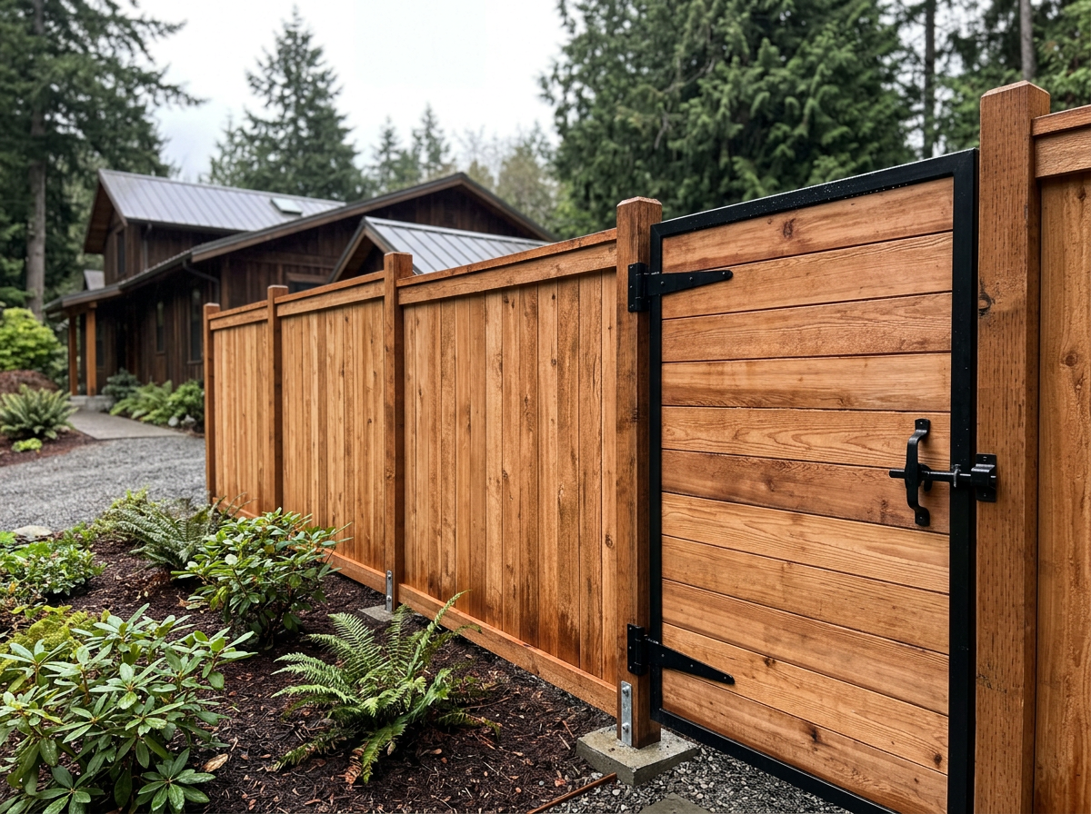 Wooden backyard fence with a gate, in front of a house surrounded by trees and plants.