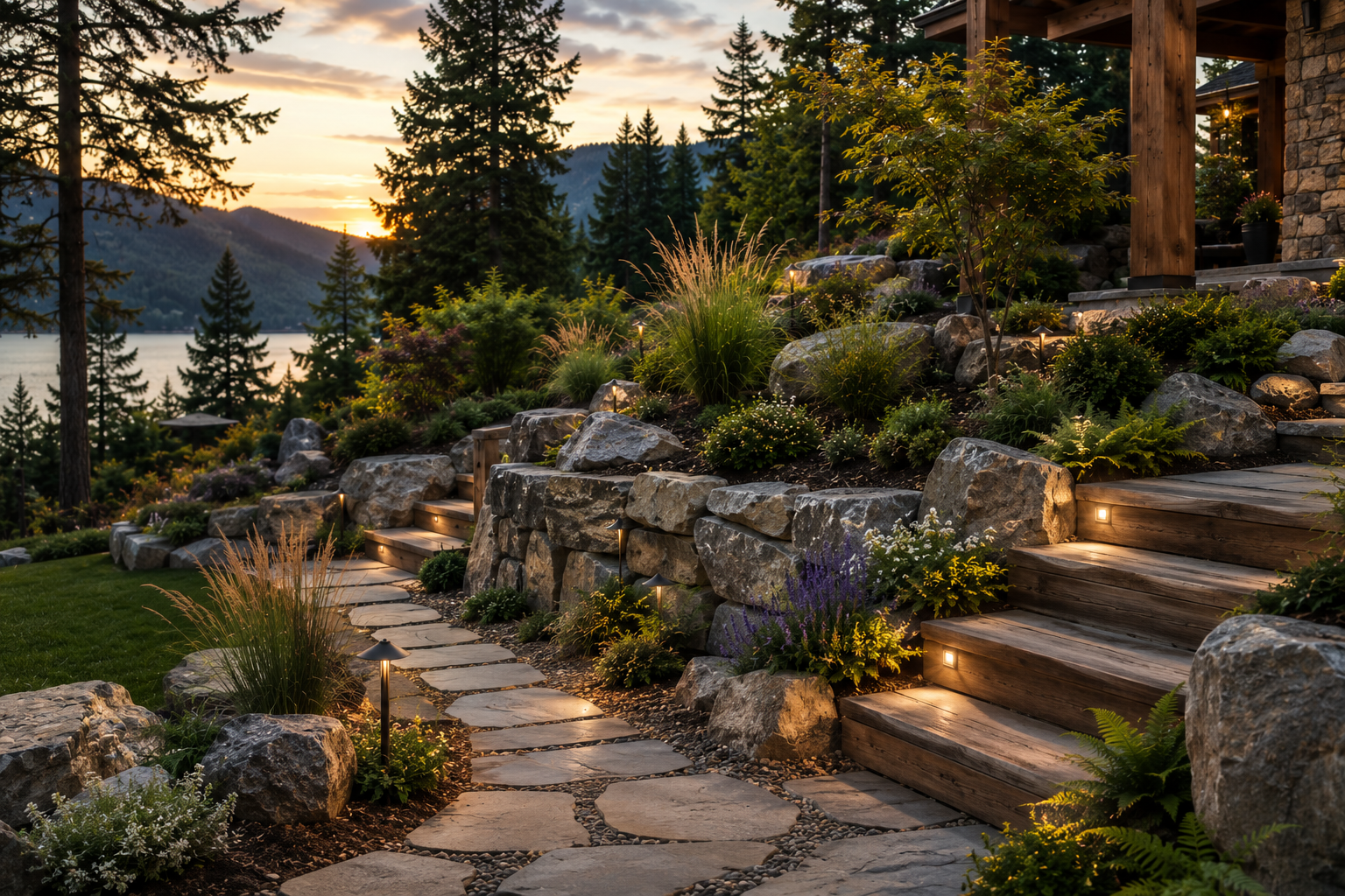 A beautifully landscaped backyard at sunset with a stone pathway, wooden steps, and landscaped garden beds surrounded by rocks and plants, with outdoor lighting and a view of mountains and a lake in the background.