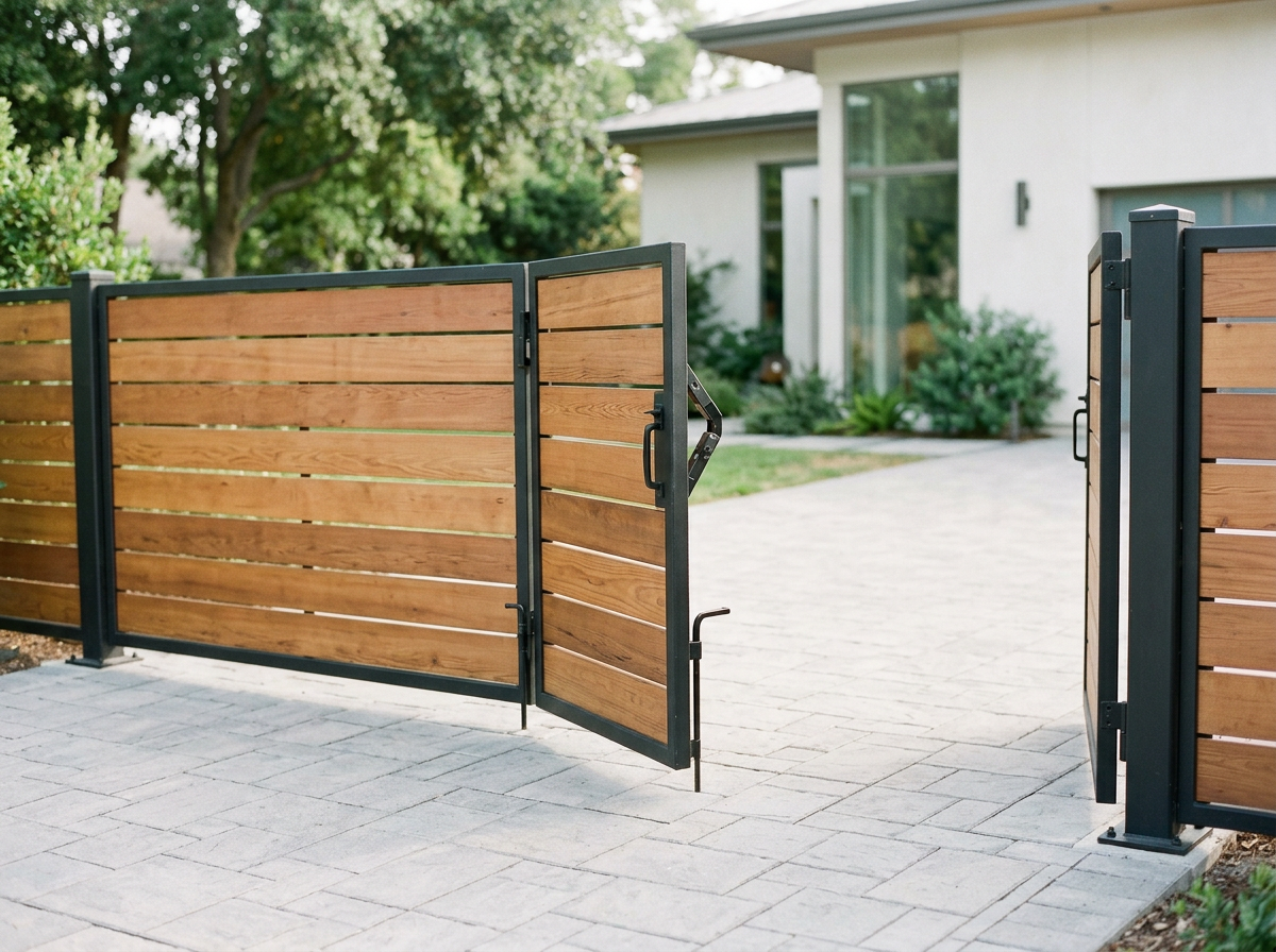 Open wooden gate leading to a sidewalk in front of a modern house with large windows and green plants.