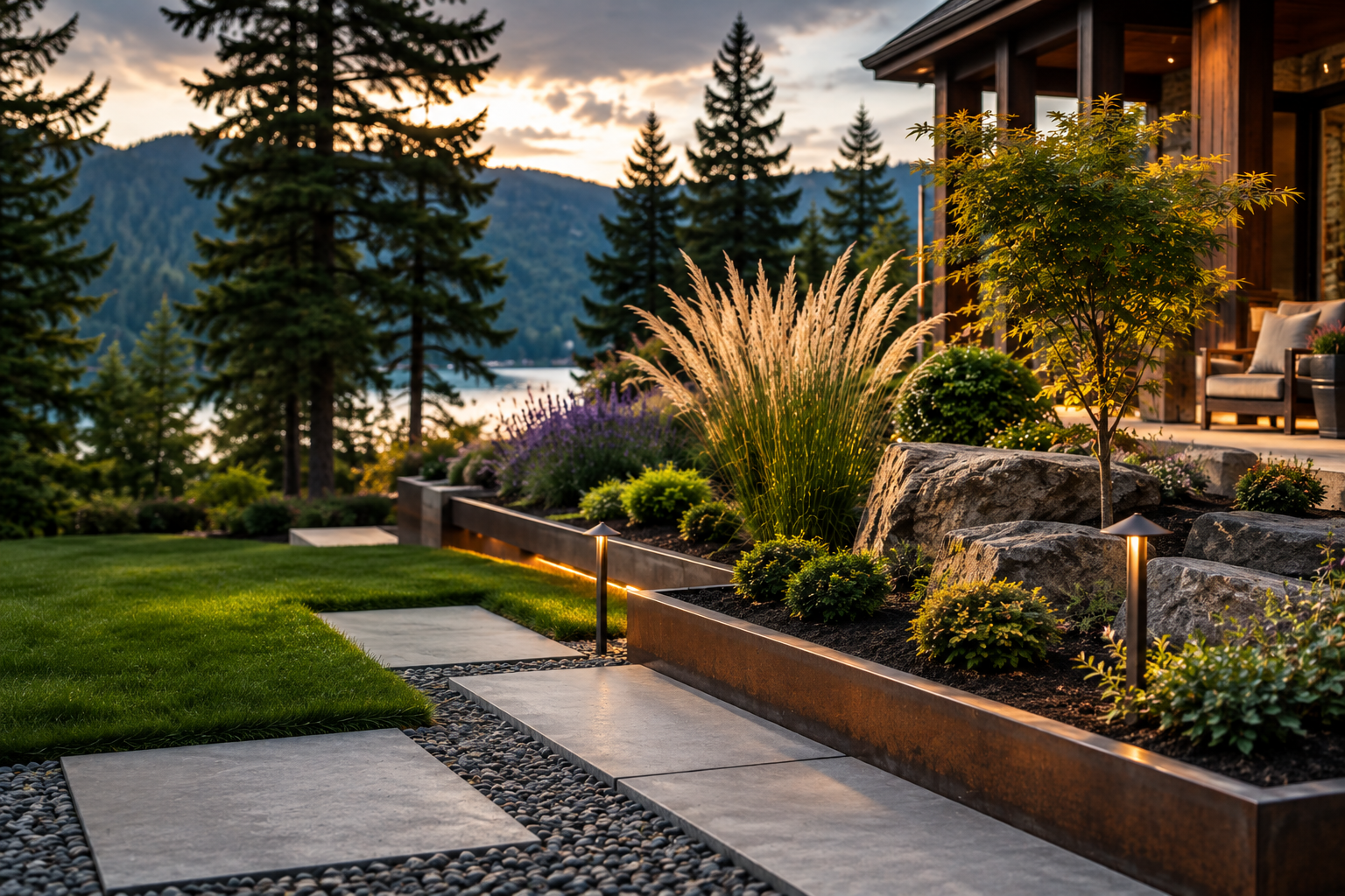 Sunset view of a landscaped backyard with a stone pathway, garden beds with ornamental grasses, shrubs, a young tree, and outdoor seating on a wooden patio, overlooking a lake with mountains and pine trees in the background.