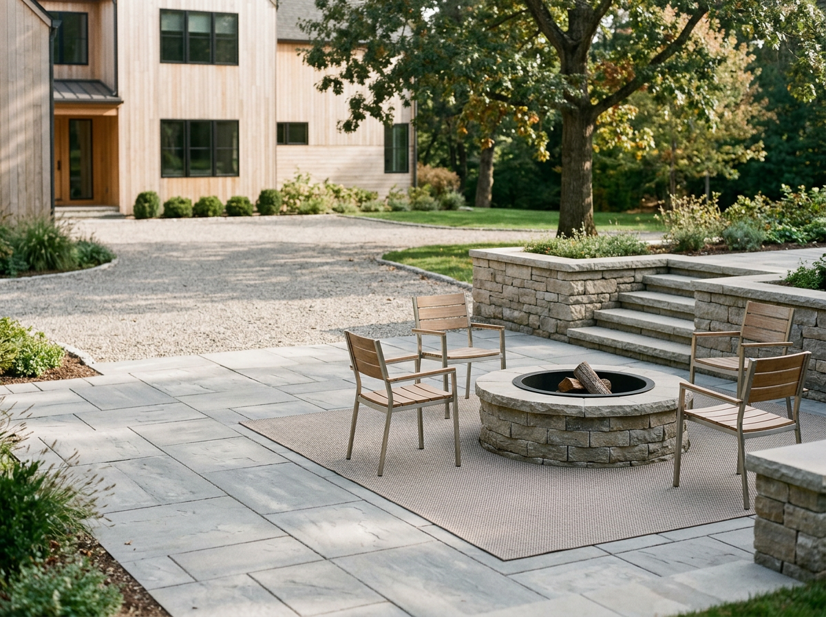 Outdoor patio with a fire pit surrounded by four wooden chairs on a gray rug, with stairs and a house in the background.