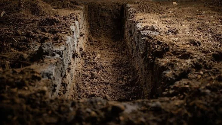 A deep trench dug into brown soil with clear, straight sides and a flat bottom.