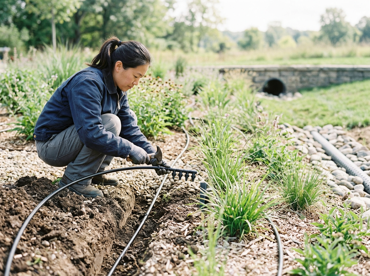 A woman is gardening, crouched down and watering plants with a garden hose in an outdoor garden.
