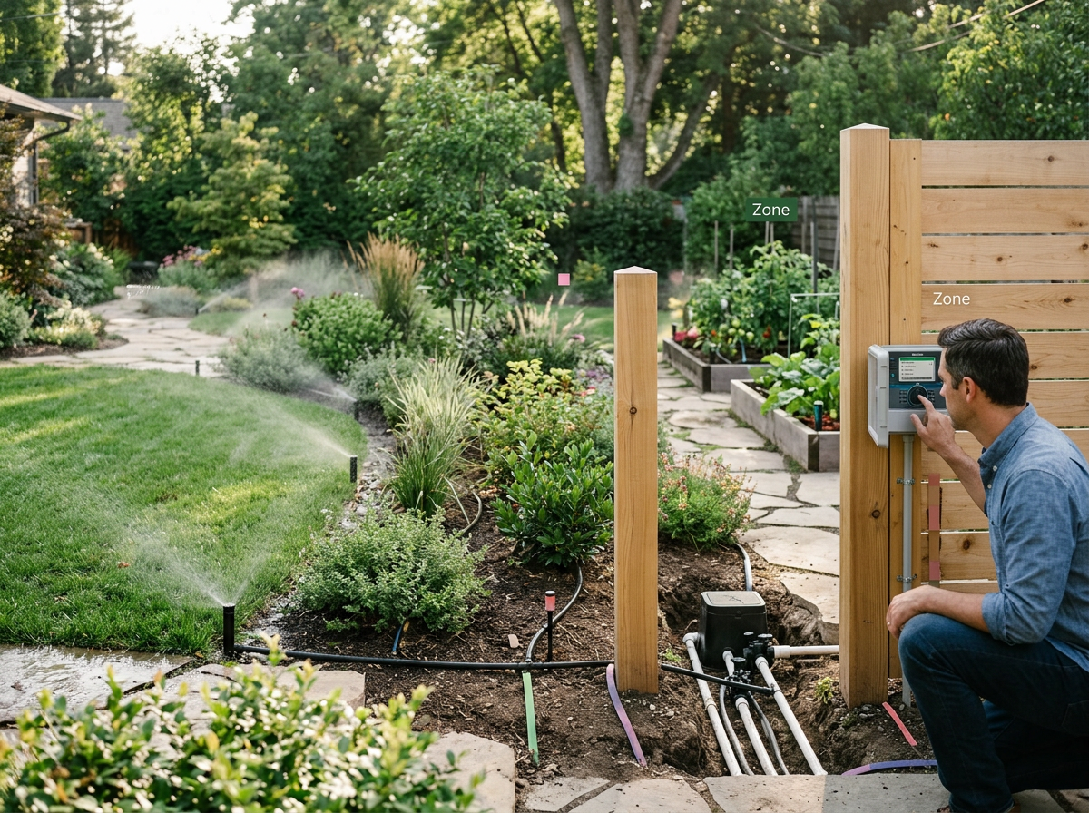 Man adjusting a smart irrigation system control panel in a lush garden with sprinkler heads watering the lawn and garden beds, surrounded by trees and pathways.
