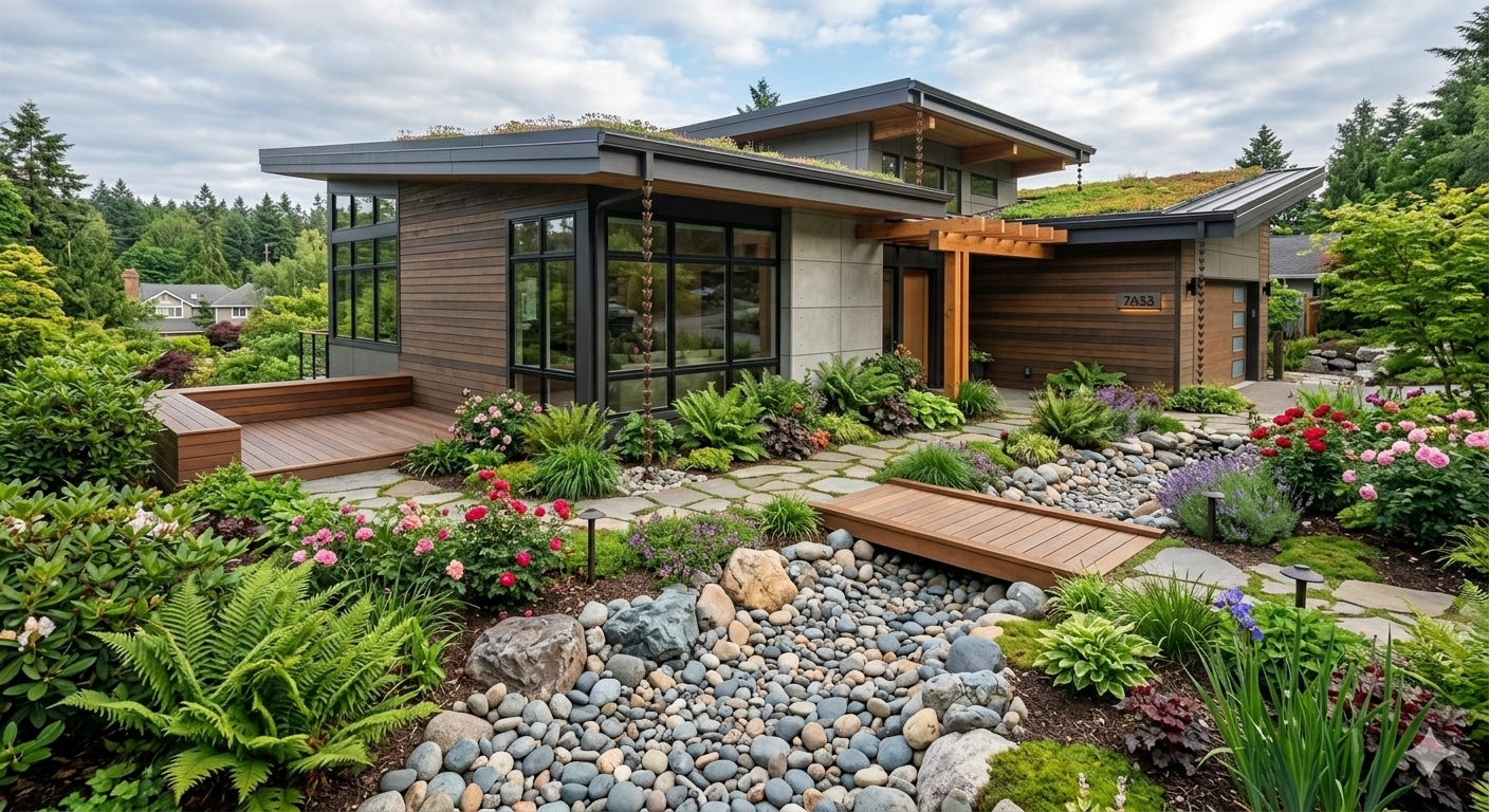 Modern house with large windows and landscaped garden featuring various plants, flowers, and decorative rocks.
