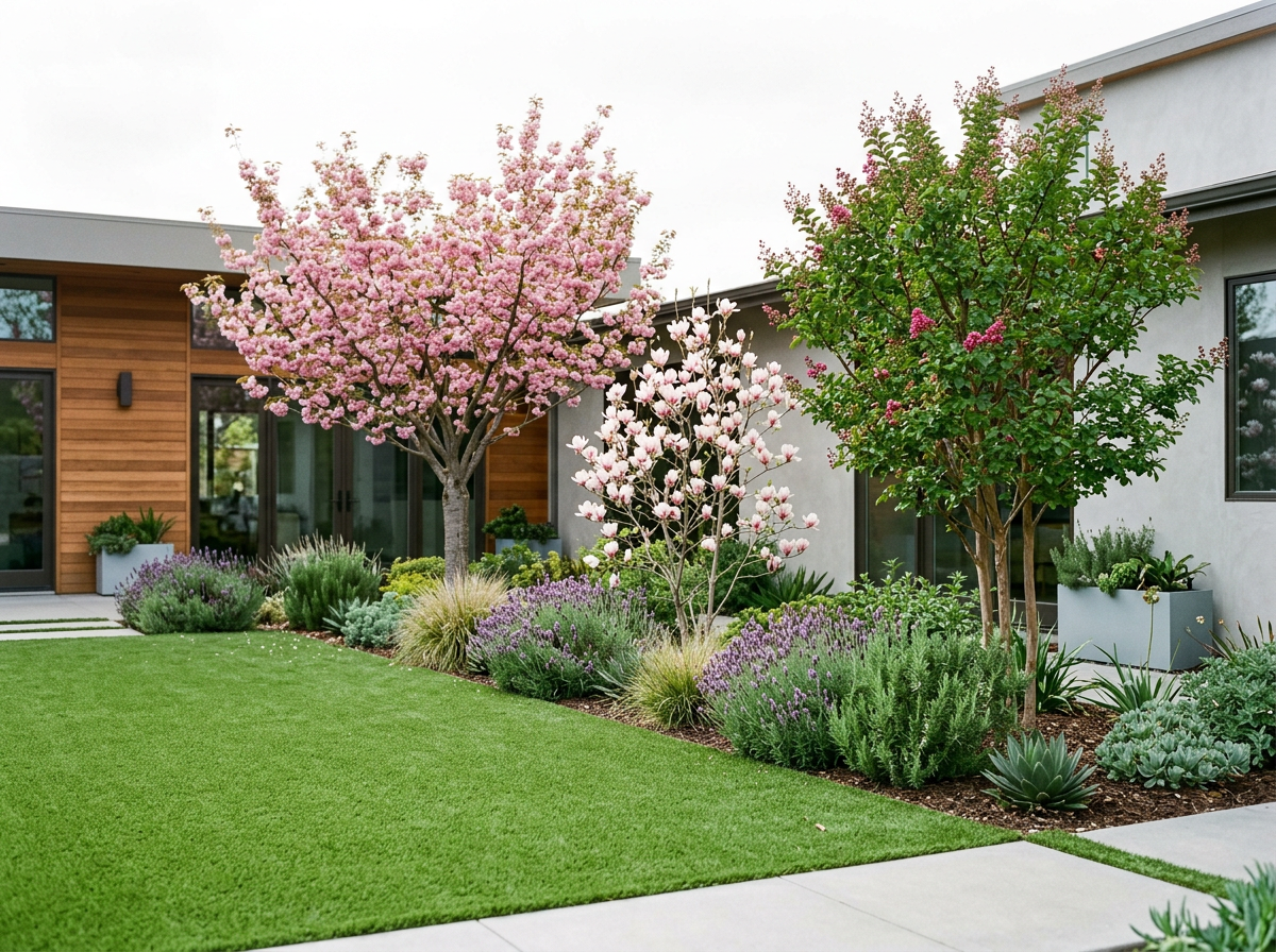 Modern house garden with pink flowering trees, purple and green plants, and a well-maintained green lawn.